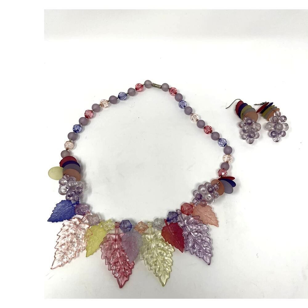 1980s Vintage Acrylic Crystal Colorful Leaf & Fruit Necklace & Earrings Suite